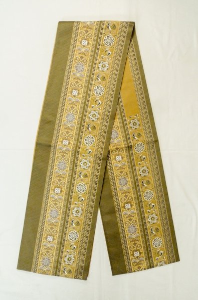 Photo1: Mint P0206O Vintage Japanese Kimono  Dark Olive  FUKURO OBI sash Phoenix Silk. (Grade A) (1)