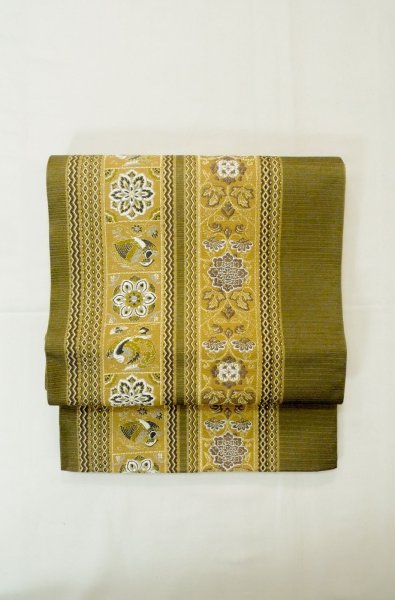 Photo2: Mint P0206O Vintage Japanese Kimono  Dark Olive  FUKURO OBI sash Phoenix Silk. (Grade A) (2)