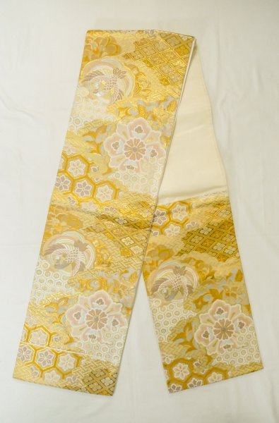 Photo1: P0206P Vintage Japanese Kimono  Light Gold  FUKURO OBI sash Flower Silk. (Grade B) (1)