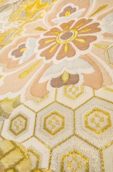 Photo10: P0206P Vintage Japanese Kimono  Light Gold  FUKURO OBI sash Flower Silk. (Grade B) (10)