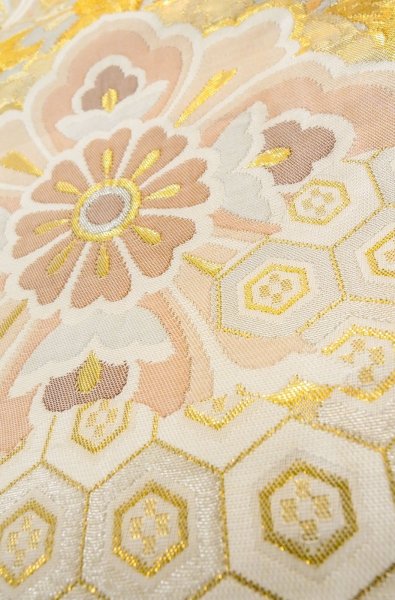 Photo14: P0206P Vintage Japanese Kimono  Light Gold  FUKURO OBI sash Flower Silk. (Grade B) (14)