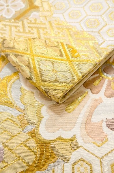 Photo15: P0206P Vintage Japanese Kimono  Light Gold  FUKURO OBI sash Flower Silk. (Grade B) (15)