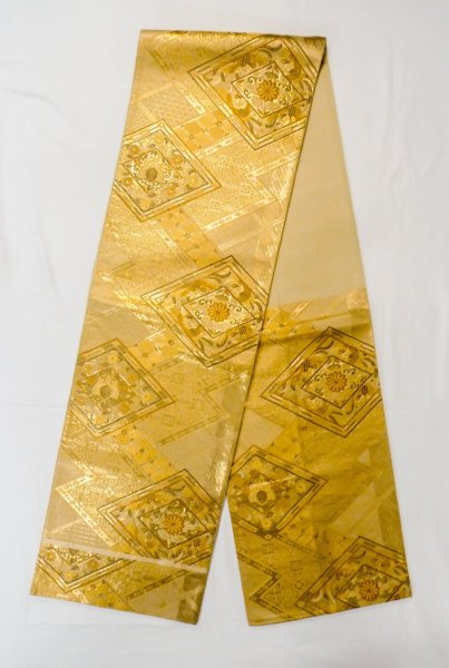 Photo1: P0206Q Vintage Japanese Kimono  Shiny Gold  FUKURO OBI sash Chrysanthemum Silk. (Grade B) (1)