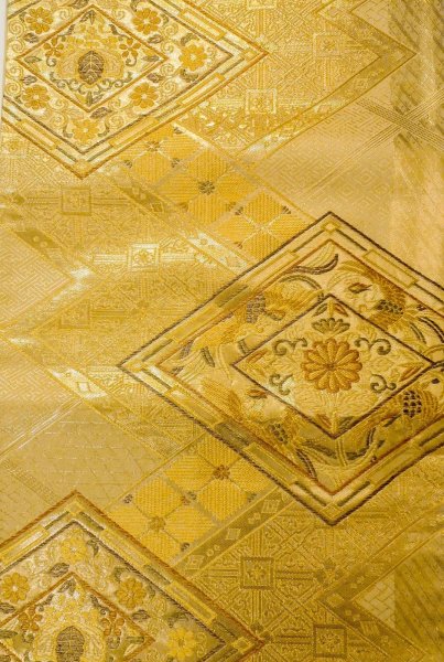 Photo3: P0206Q Vintage Japanese Kimono  Shiny Gold  FUKURO OBI sash Chrysanthemum Silk. (Grade B) (3)