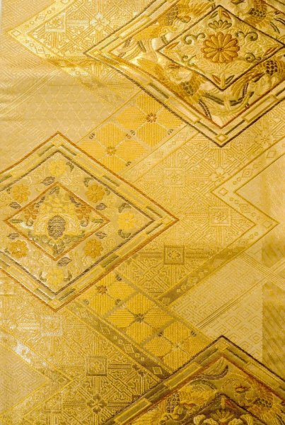 Photo4: P0206Q Vintage Japanese Kimono  Shiny Gold  FUKURO OBI sash Chrysanthemum Silk. (Grade B) (4)