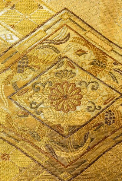 Photo5: P0206Q Vintage Japanese Kimono  Shiny Gold  FUKURO OBI sash Chrysanthemum Silk. (Grade B) (5)