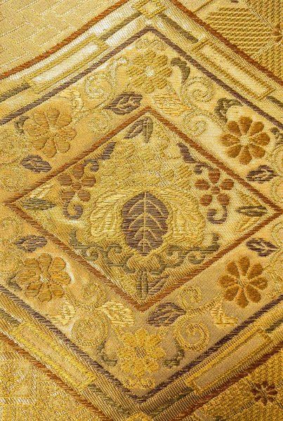 Photo6: P0206Q Vintage Japanese Kimono  Shiny Gold  FUKURO OBI sash Chrysanthemum Silk. (Grade B) (6)