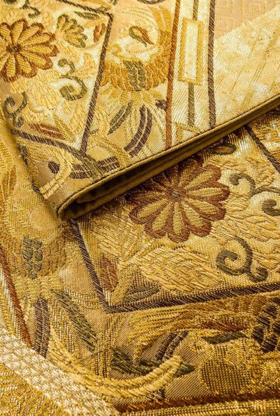 Photo11: P0206Q Vintage Japanese Kimono  Shiny Gold  FUKURO OBI sash Chrysanthemum Silk. (Grade B) (11)