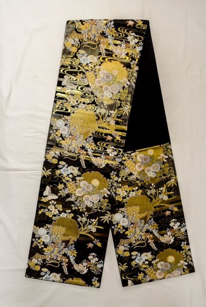 Photo1: P0206R Vintage Japanese Kimono  Shiny Black  FUKURO OBI sash Flower Silk. (Grade A) (1)
