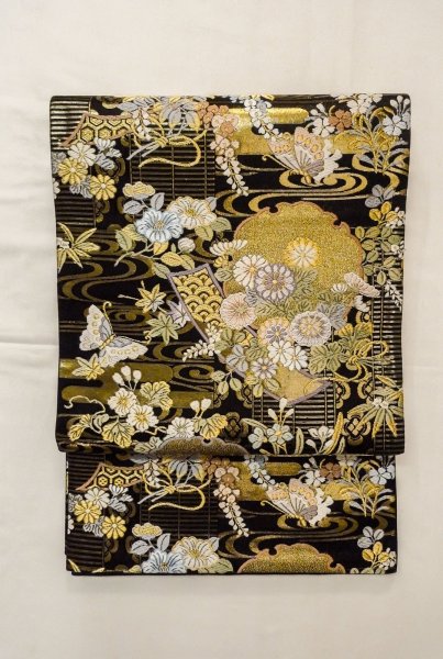 Photo2: P0206R Vintage Japanese Kimono  Shiny Black  FUKURO OBI sash Flower Silk. (Grade A) (2)