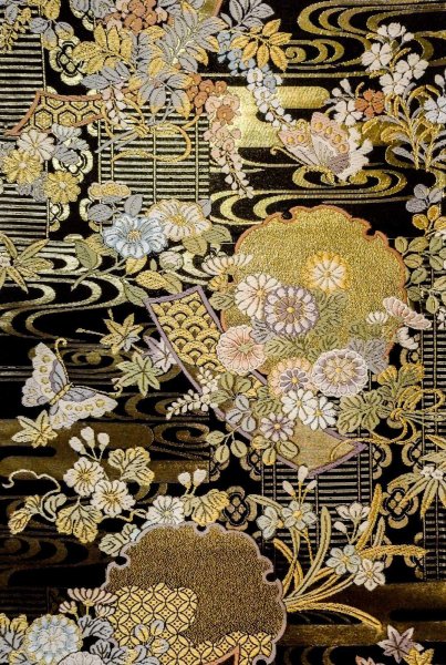 Photo3: P0206R Vintage Japanese Kimono  Shiny Black  FUKURO OBI sash Flower Silk. (Grade A) (3)