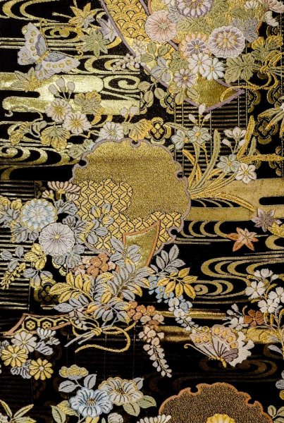 Photo4: P0206R Vintage Japanese Kimono  Shiny Black  FUKURO OBI sash Flower Silk. (Grade A) (4)