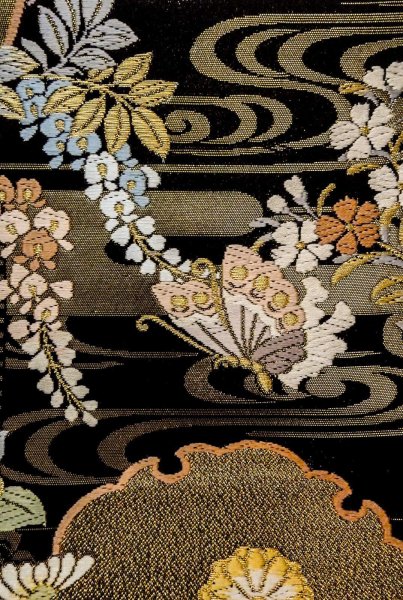 Photo7: P0206R Vintage Japanese Kimono  Shiny Black  FUKURO OBI sash Flower Silk. (Grade A) (7)