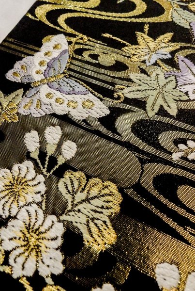 Photo8: P0206R Vintage Japanese Kimono  Shiny Black  FUKURO OBI sash Flower Silk. (Grade A) (8)