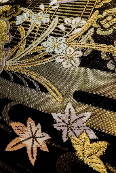 Photo9: P0206R Vintage Japanese Kimono  Shiny Black  FUKURO OBI sash Flower Silk. (Grade A) (9)