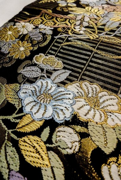 Photo10: P0206R Vintage Japanese Kimono  Shiny Black  FUKURO OBI sash Flower Silk. (Grade A) (10)