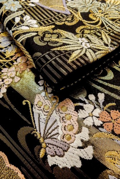 Photo11: P0206R Vintage Japanese Kimono  Shiny Black  FUKURO OBI sash Flower Silk. (Grade A) (11)