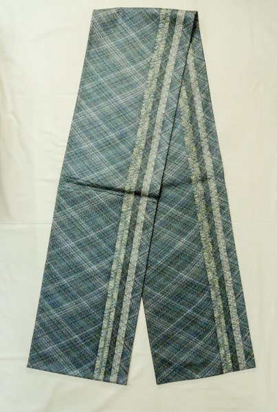 Photo1: Mint P0206S Vintage Japanese Kimono  Dark Teal  FUKURO OBI sash Stripes Silk. (Grade A) (1)