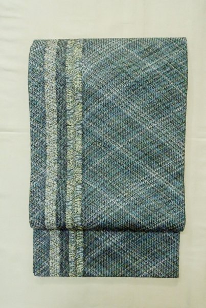 Photo2: Mint P0206S Vintage Japanese Kimono  Dark Teal  FUKURO OBI sash Stripes Silk. (Grade A) (2)