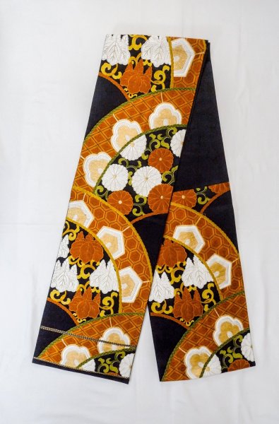 Photo1: P0206U Vintage Japanese Kimono   Black  FUKURO OBI sash Chrysanthemum Silk. (Grade A) (1)