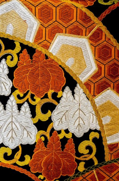 Photo4: P0206U Vintage Japanese Kimono   Black  FUKURO OBI sash Chrysanthemum Silk. (Grade A) (4)