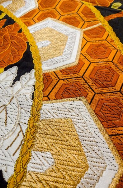 Photo8: P0206U Vintage Japanese Kimono   Black  FUKURO OBI sash Chrysanthemum Silk. (Grade A) (8)