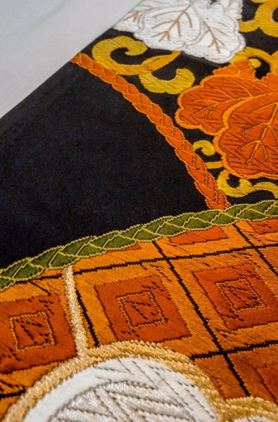 Photo10: P0206U Vintage Japanese Kimono   Black  FUKURO OBI sash Chrysanthemum Silk. (Grade A) (10)