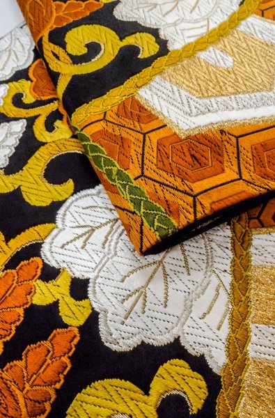 Photo11: P0206U Vintage Japanese Kimono   Black  FUKURO OBI sash Chrysanthemum Silk. (Grade A) (11)