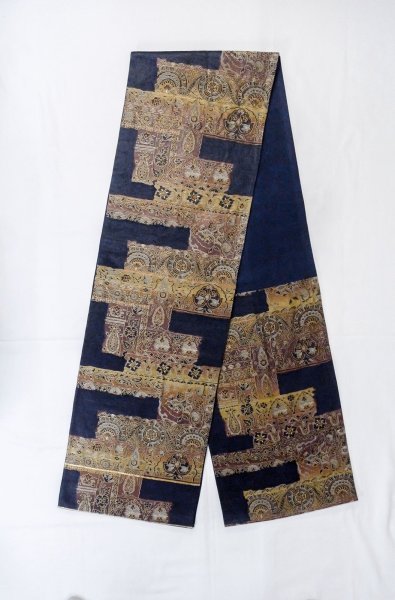 Photo1: P0206W Vintage Japanese Kimono  Dark Indigo Blue  FUKURO OBI sash Chinese flower Silk. (Grade B) (1)