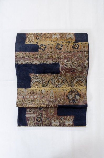 Photo2: P0206W Vintage Japanese Kimono  Dark Indigo Blue  FUKURO OBI sash Chinese flower Silk. (Grade B) (2)