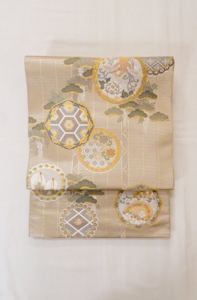 Photo2: P0206X Vintage Japanese Kimono  Pale Wisteria  MARU OBI sash SAKURA cherry blossom Silk. (Grade A) (2)