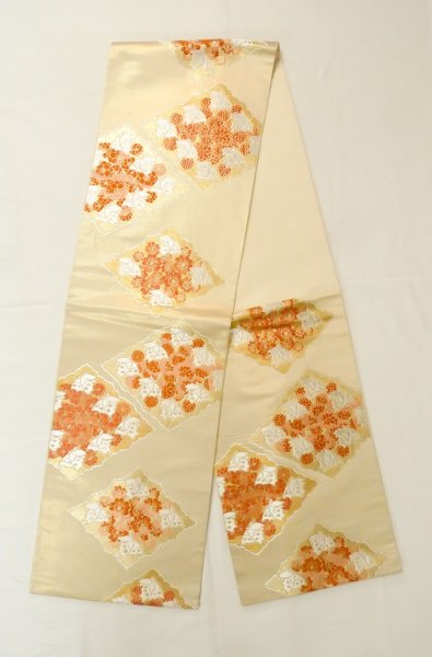 Photo1: P0206Z Vintage Japanese Kimono  Shiny Gold  FUKURO OBI sash Chrysanthemum Silk. (Grade B) (1)