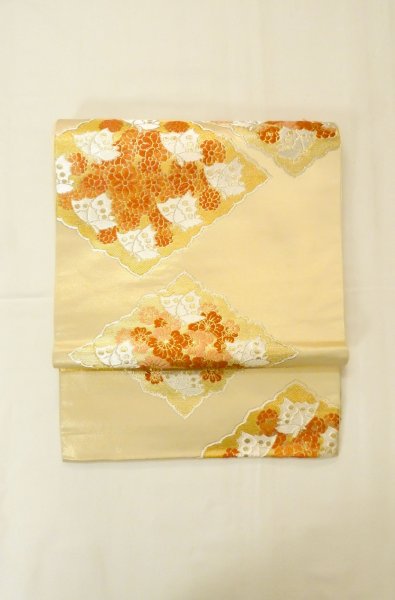 Photo2: P0206Z Vintage Japanese Kimono  Shiny Gold  FUKURO OBI sash Chrysanthemum Silk. (Grade B) (2)