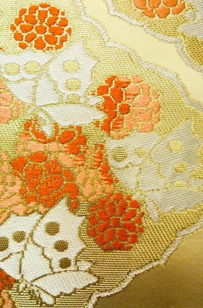 Photo7: P0206Z Vintage Japanese Kimono  Shiny Gold  FUKURO OBI sash Chrysanthemum Silk. (Grade B) (7)