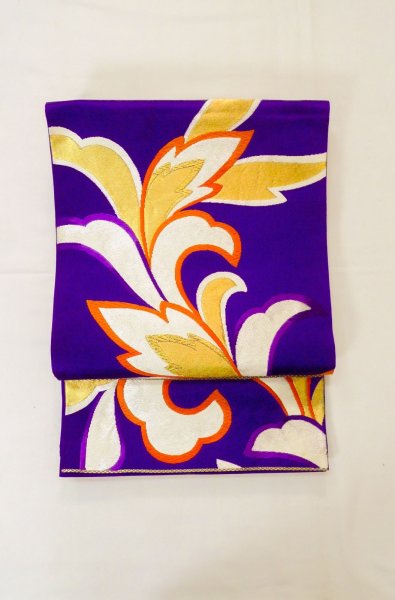 Photo2: P0207B Vintage Japanese Kimono  Vivid Purple  FUKURO OBI sash Arabesque vine Silk. (Grade C) (2)