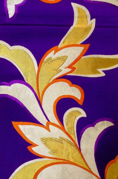 Photo4: P0207B Vintage Japanese Kimono  Vivid Purple  FUKURO OBI sash Arabesque vine Silk. (Grade C) (4)