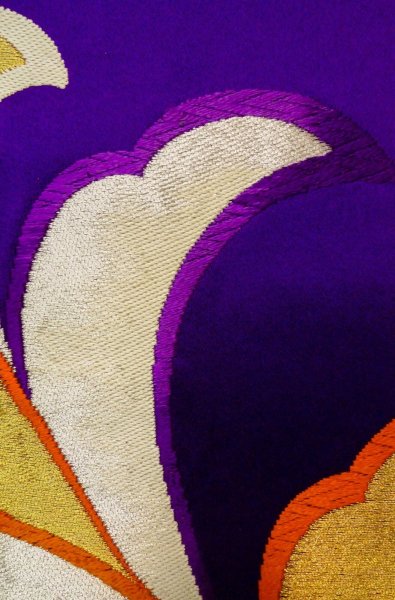 Photo7: P0207B Vintage Japanese Kimono  Vivid Purple  FUKURO OBI sash Arabesque vine Silk. (Grade C) (7)