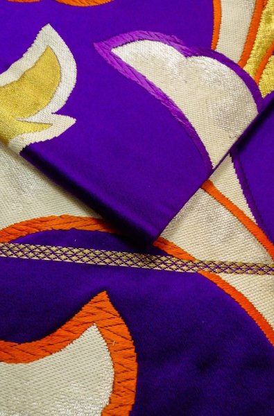 Photo11: P0207B Vintage Japanese Kimono  Vivid Purple  FUKURO OBI sash Arabesque vine Silk. (Grade C) (11)