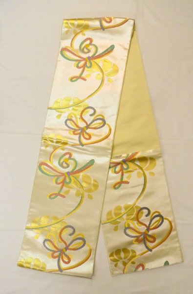 Photo1: Mint P0207C Vintage Japanese Kimono  Shiny Gold  FUKURO OBI sash Flower Silk. (Grade A) (1)