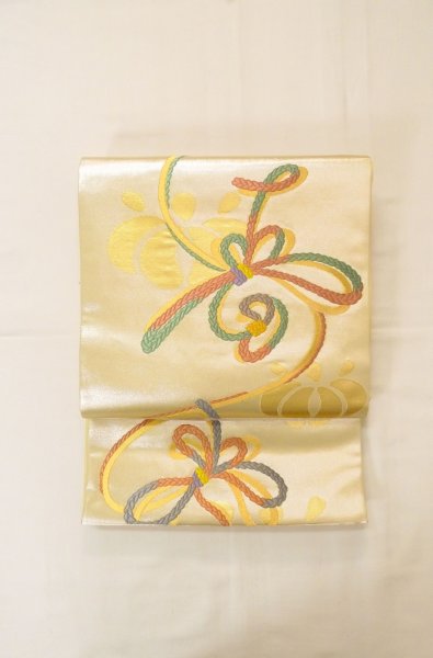Photo2: Mint P0207C Vintage Japanese Kimono  Shiny Gold  FUKURO OBI sash Flower Silk. (Grade A) (2)