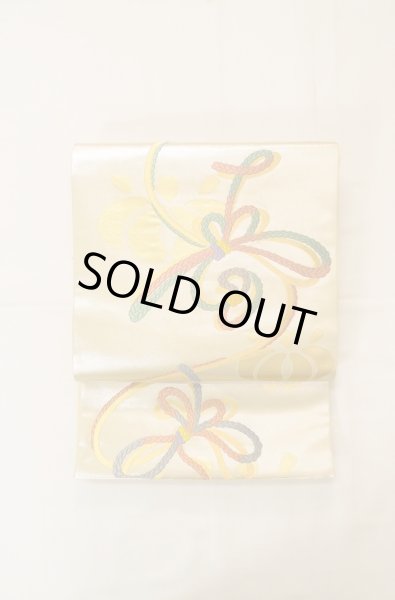 Photo3: Mint P0207C Vintage Japanese Kimono  Shiny Gold  FUKURO OBI sash Flower Silk. (Grade A) (3)