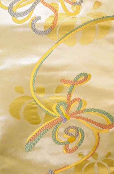 Photo3: Mint P0207C Vintage Japanese Kimono  Shiny Gold  FUKURO OBI sash Flower Silk. (Grade A) (3)