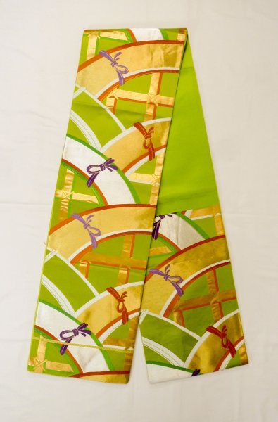 Photo1: P0207D Vintage Japanese Kimono   Yellowish Green  FUKURO OBI sash Line Silk. (Grade B) (1)