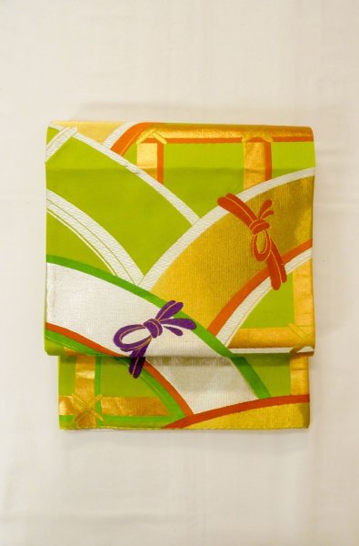 Photo2: P0207D Vintage Japanese Kimono   Yellowish Green  FUKURO OBI sash Line Silk. (Grade B) (2)