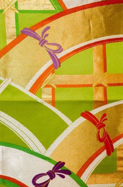 Photo3: P0207D Vintage Japanese Kimono   Yellowish Green  FUKURO OBI sash Line Silk. (Grade B) (3)