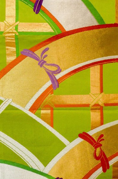 Photo4: P0207D Vintage Japanese Kimono   Yellowish Green  FUKURO OBI sash Line Silk. (Grade B) (4)