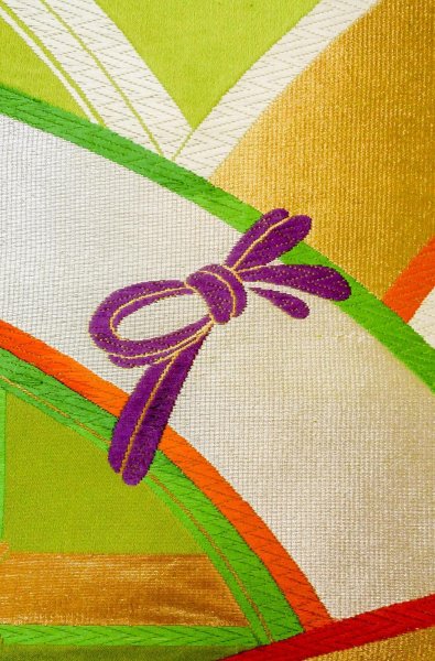 Photo5: P0207D Vintage Japanese Kimono   Yellowish Green  FUKURO OBI sash Line Silk. (Grade B) (5)