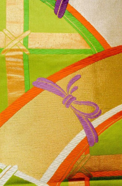 Photo6: P0207D Vintage Japanese Kimono   Yellowish Green  FUKURO OBI sash Line Silk. (Grade B) (6)