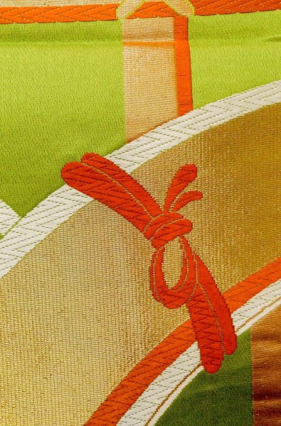 Photo7: P0207D Vintage Japanese Kimono   Yellowish Green  FUKURO OBI sash Line Silk. (Grade B) (7)