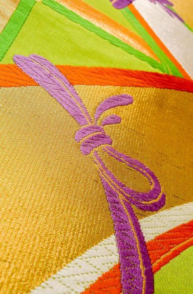 Photo9: P0207D Vintage Japanese Kimono   Yellowish Green  FUKURO OBI sash Line Silk. (Grade B) (9)